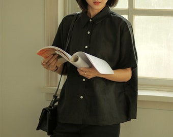 Linen tops minimalist shirt women's short sleeve shirt vintage shirt top Ladies loose casual top custom shirt plus size tops 100% linen F209