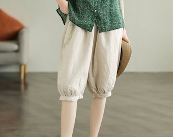 Women linen pants summer linen shorts long shorts elegant loose fit shorts comfortable plus size pants linen clothing wide leg shorts F442