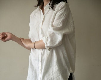 Women's linen shirt loose casual linen blouses pure linen clothing plus size shirt oversized shirt buttons handmade custom linen tops F71
