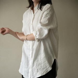 Camisa de lino para mujer, blusas de lino informales holgadas, ropa de lino puro, camisa de talla grande, botones de camisa de gran tamaño, tops de lino personalizados hechos a mano F71