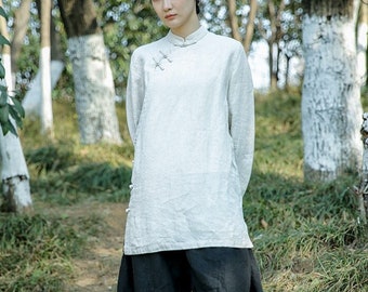 women linen tops, long sleeves linen shirt, spring summer linen blouses, linen clothing, plus size oversized  boho linen tunic shirt N07