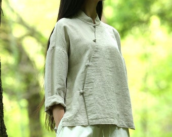 Linen tops for women Ladies vintage shirt linen clothing linen blouses Long sleeve top plus size clothing boho Pure linen clothing F35