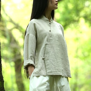 Tops de lino para mujer Damas camisa vintage ropa de lino blusas de lino Top de manga larga ropa de talla grande boho Ropa de lino puro F35