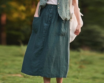 Faldas de lino para mujer faldas midi falda de mujer con bolsillos Ropa de lino puro Falda suave suelta falda casual botón falda elástica F01