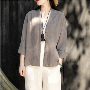 Abrigo de lino para mujer, tops de túnica de lino, camisas de lino de verano, lino hecho a mano suave casual suelto más tamaño boho ropa de gran tamaño F03