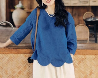 Linen tops women long sleeves blouses loose soft casual custom handmade oversized tunic crop top summer linen plus size clothing F352