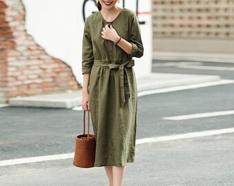 Women's dresses casual linen dress with pocket custom made loose dress midi dress with belt 100% linen clothing plus size dress F447
