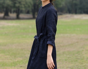 Women's linen dress Summer dress with belt Long Sleeves dress linen dress with pockets midi dress handmade custom clothing 100% linen F295