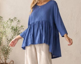 Flowy Oversized Tunic Blouse, Round Notch Neck Gathered Yoke Top, Uneven Hem Cotton Linen Lagenlook Shirt M071