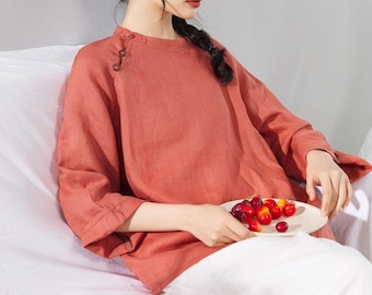 Women's 100% Linen Top long sleeve top summer linen shirt Chinese Traditional linen blouse vintage tops loose fitting top custom top F302