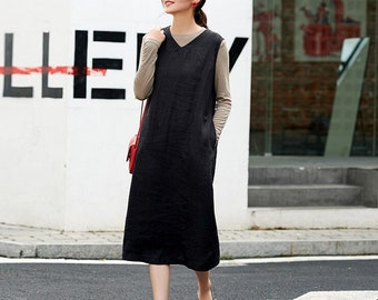 Linen dress with pockets casual midi dress for women sleeveless dress 100% linen clothing plus size V-neck dress Loose fitting clothing F130