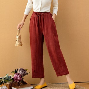 Cotton pants custom trousers women's straight wide leg pants casual pants retro trousers with belt elastic waist trousers with pockets R44