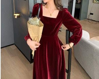 Velvet Dress for Women Velvet Midi Dress Black Burgundy Formal Dress 2022 Vintage 1950 Dress Bridesmaid Dresses Party Dress Custom Dress R64