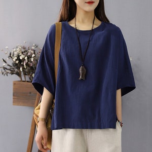 Tops de lino para mujer, blusas de lino, camisa de media manga, top corto hecho a mano, top de túnica con costuras sueltas personalizadas, top de talla grande, ropa de lino puro F31
