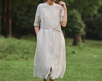 Women 100% linen dress Half sleeve dress women long dress with pockets Loose Casual linen dress Boho maxi dress Custom clothing F08