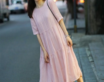 Women's dress cotton linen dress round neck loose fitting vintage dress tunic robe maxi dresses for women boho clothing gift for her F283