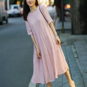 Vestido de mujer, vestido de lino de algodón, cuello redondo, holgado, vestido vintage, túnica, vestidos largos para mujer, ropa bohemia, regalo para ella F283