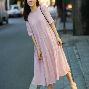 Women's dress cotton linen dress round neck loose fitting vintage dress tunic robe maxi dresses for women boho clothing gift for her F283