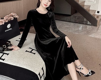 Fall Velvet Dress for Women Velvet Long Sleeves Midi Dress Black Formal Dress Vintage 1950's Dress Bridesmaid Dresses Plus Size Dress R19
