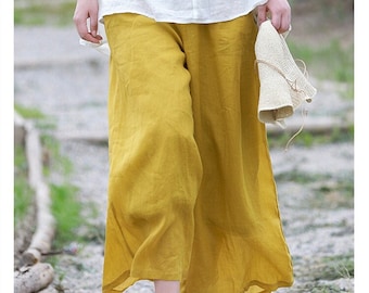 Pantalones de mujer con bolsillos, pantalones casuales de lino y algodón, pantalones de yoga suaves, ropa de talla grande, pantalones de pierna ancha, pantalones de algodón, costura N05