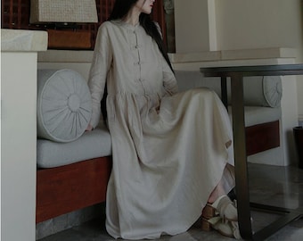 Women’s  linen dress long sleeves Mid dress plus size clothing spring oversized robes custom loose fitting 100% pure linen clothing F197