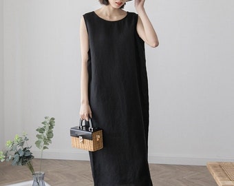 Women dress vintage linen sleeveless straight dress 100% linen plus size clothing soft fitting dress handmade custom round neck dress M177