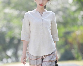 women 100% linen tops, spring linen clothing, half sleeves linen shirt blouses, plus size shirt, oversized shirt, white shirt boho F115