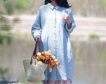 Linnen lang shirt losse pasvorm vrouwen linnen shirt jurk zomer linnen shirtdress linnen kleding plus size shirt tuniek jurk vrouwen linnen jas F449