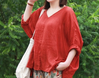 Women Linen tops long sleeves oversized blouses Simple shirts Soft Loose tops V-neck plus size tops 100% linen boho tops shirts  F02
