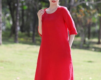Vestidos de lino para mujer, vestido túnica de media manga para primavera y verano, ropa informal de gran tamaño, vestido midi de lino con bolsillo, ropa de talla grande X35