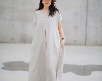 Frauen Leinenkleid Leinen Hauskleidung V-Ausschnitt kurze Ärmel langes Kleid Plus Größe Kleidung, Leinen Maxikleid, Loses weiches Midi Sommerkleid Boho F381