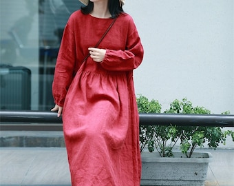 Abiti in lino per donna, abiti a maniche lunghe, abiti taglie forti, abiti a trapezio, casual, larghi, personalizzati, autunno inverno, abito lungo in lino F93