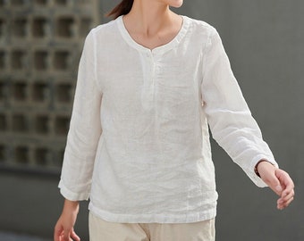 Women's long sleeves linen tops spring oversized white shirt linen tunic top loose casual crop top plus size 100% linen clothing boho F89