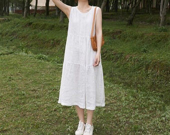 Women’s dress linen dress sleeveless dress for women loose linen clothing 100%linen dress plus size dress with pockets custom dress F52