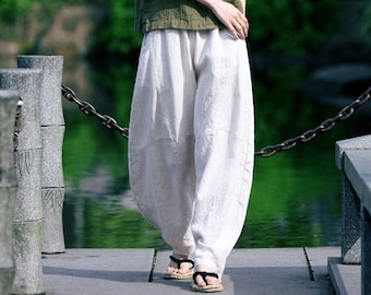 Pantalones de lino para mujer, sueltos, suaves, con cintura elástica, de pierna ancha, de talla grande, de lino puro, estilo bohemio, de gran tamaño, B33