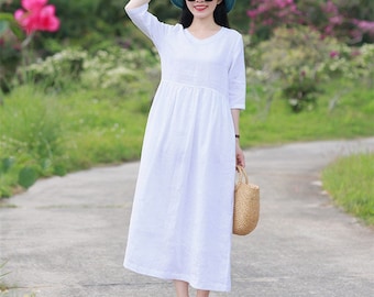 Linen dress with pockets,women's summer dress,V-Neck Dress,maxi dress,Short Sleeves dress,loose dress,100% linen dress,Vintage dress F125