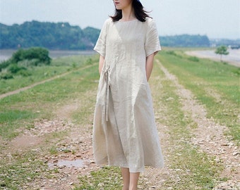 Women's dress Linen dress with pockets loose casual linen clothing dress simple dress plus size clothing midi dress F126