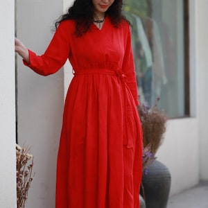 Women Long Sleeves Linen Dress Soft Casual Loose Tunics A-line Robes Linen Maxi Dresses Customized Oversized Dress Plus Size Clothing F454