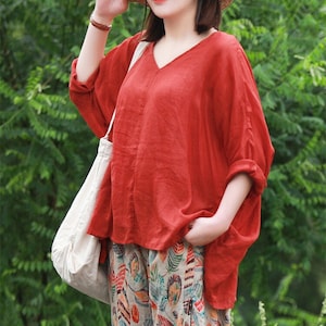Blusas femininas de linho, mangas compridas, blusas grandes, camisas simples, blusas soltas, decote em V, blusas plus size, 100% linho, blusas boho, camisas F02