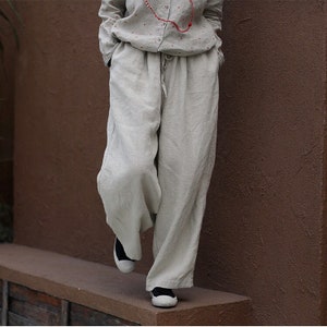 Women&#39;s pants with pockets stretch waist trousers linen pants loose fitting plus size pants 100%linen clothing Gift for her custom pants F65