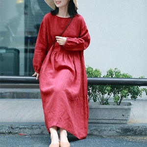 Linen dresses for women long sleeves dress plus size clothing A-line dress casual loose custom fall winter dress linen maxi dress F93