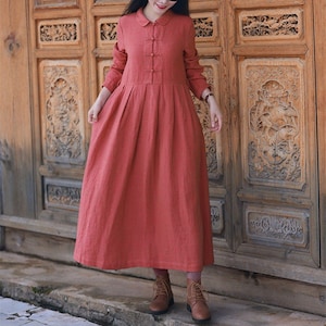 Vestido de mujer con cinturón 100% ropa de lino vestido de lino personalizado con bolsillos vestido suelto casual Regalo para madre vestido midi de talla grande F143