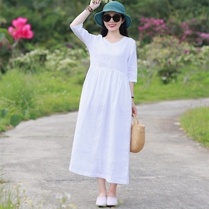 Vestido de lino con bolsillos, vestido de verano de mujer, vestido de cuello en V, vestido maxi, vestido de mangas cortas, vestido suelto, vestido 100% lino, vestido vintage F125