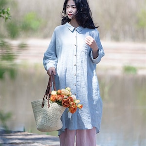 Linen long shirt loose fit women linen shirt dress summer linen shirtdress linen clothing plus size shirt tunic dress women linen coat F449