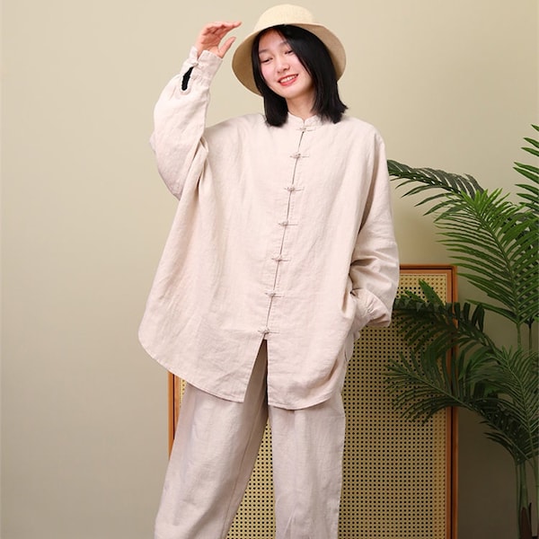 Linneskjortor för kvinnor, linnetunika vår sommar löst sittande linnekappa kvinnor boho blusar plus size anpassad överdimensionerad skjorta F378
