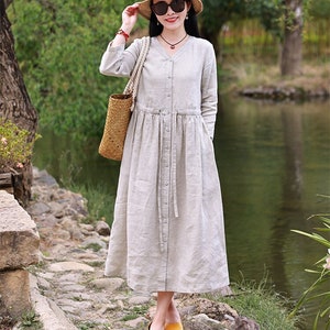 Women Linen Shirt Dress, Casual Loose Maxi Coat Robes, Long Sleeves Cardigan, Summer Spring Shift Tunic Dress Plus Size Clothing F362