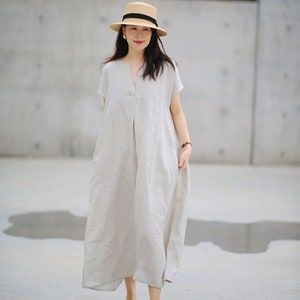 Vestido de lino de mujer Ropa de hogar Ropa de hogar V cuello mangas cortas vestido largo Ropa de talla grande, Vestido maxi de lino, Vestido de verano midi suave suelto boho F381