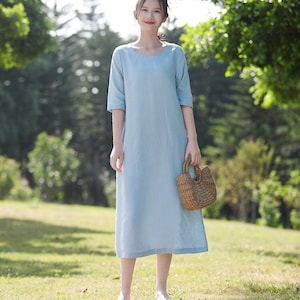 Las mujeres visten vestido de lino vestido midi primavera verano sueltas túnicas suaves más ropa de tamaño ropa de lino puro vestido personalizado hecho a mano X35-3