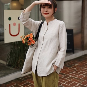 Primavera puro linho topos camisa de manga longa botões túnicas topos solto ajuste blusa casual personalizado feito à mão vestido plus size roupas boho f361