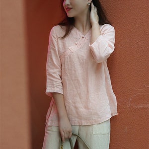 Blusas de verano para mujer, top de algodón, camisa de lino de manga 3/4, tops de túnica cortos personalizados sueltos con cuello en V y tops de lino boho de talla grande F281